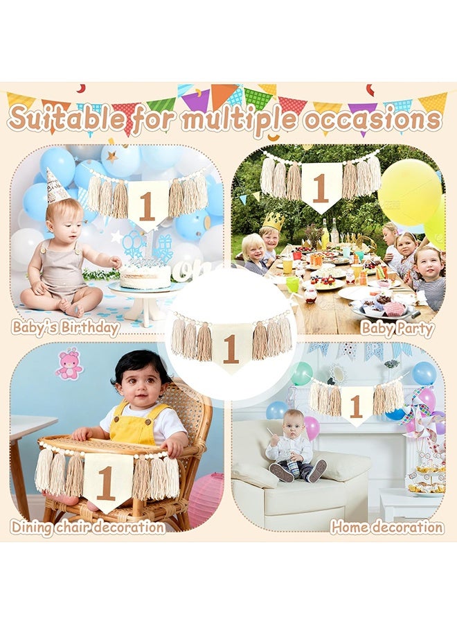 Wffo 1 PCS High Chair Birthday Banner - Handmade Boho 1st Birthday High Chair Banner for Baby Wall Hangings Wood Bead Tassel Garland First Birthday Party Decorations Photoshoot Props - Light Brown - Image 5