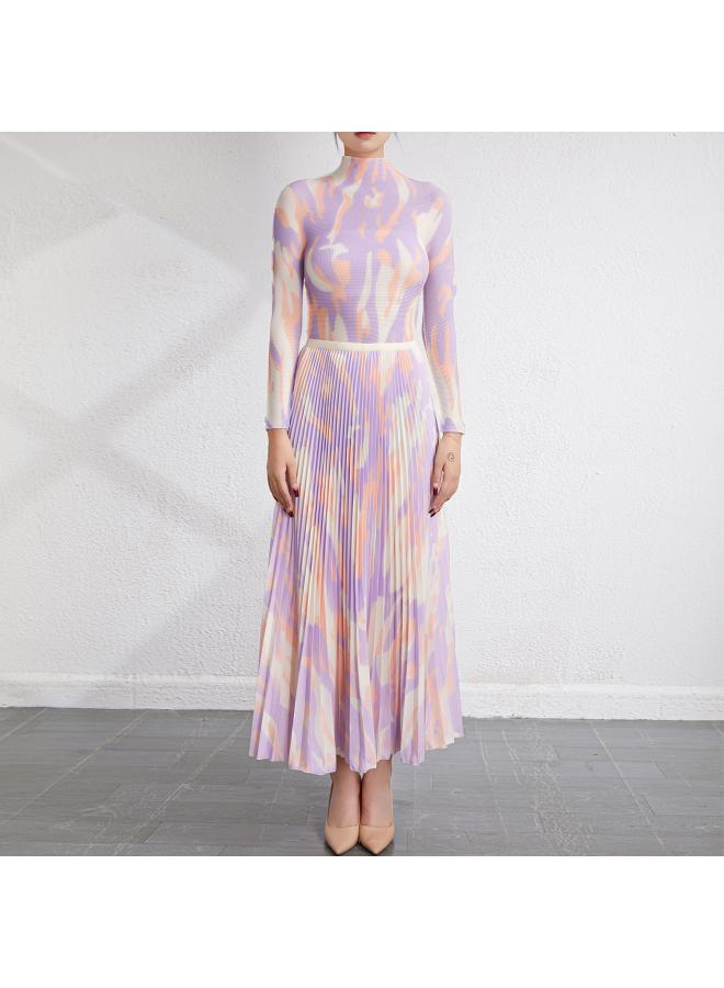 European And American Fashion Casual Suit Skirt Spring And Autumn New Elegant Pleated Stand Collar Long Sleeve Top Skirt Suit 