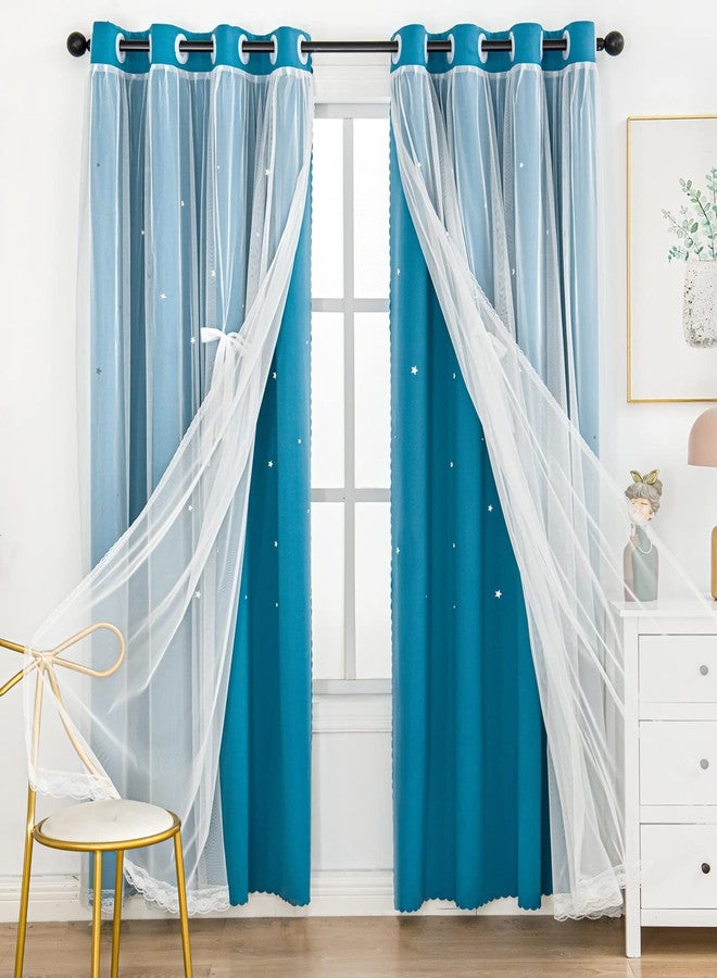 UNISTAR 2 Panels Stars Blackout for Bedroom Living Room Girls Kids Baby Room, Double Layer Star Cut Out Window Curtain, W34 x L63 Inch Length, Turquoise - Image 1