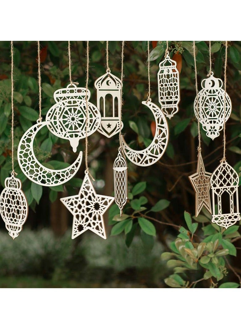 2 Pieces Eid Mubarak Door Sign Wooden Hanging Signs, Ramadan  Hollow Ornament Decorations Moon and Stars, Moon Shape Ramadan Mubarak Party Wood Wall Hanger for Islamic Muslim Home Decor - Image 4