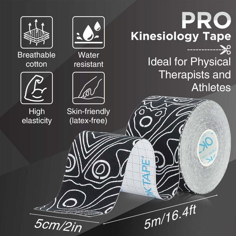 OK TAPE PRO Kinesiology Tape Uncut Roll, Elastic Physical Therapy Athletic Tape for Pain Relief, Muscle Support, Kinetic Tape, Water Resistant, 2in X 16.4ft -Black 2 Rolls - Image 2