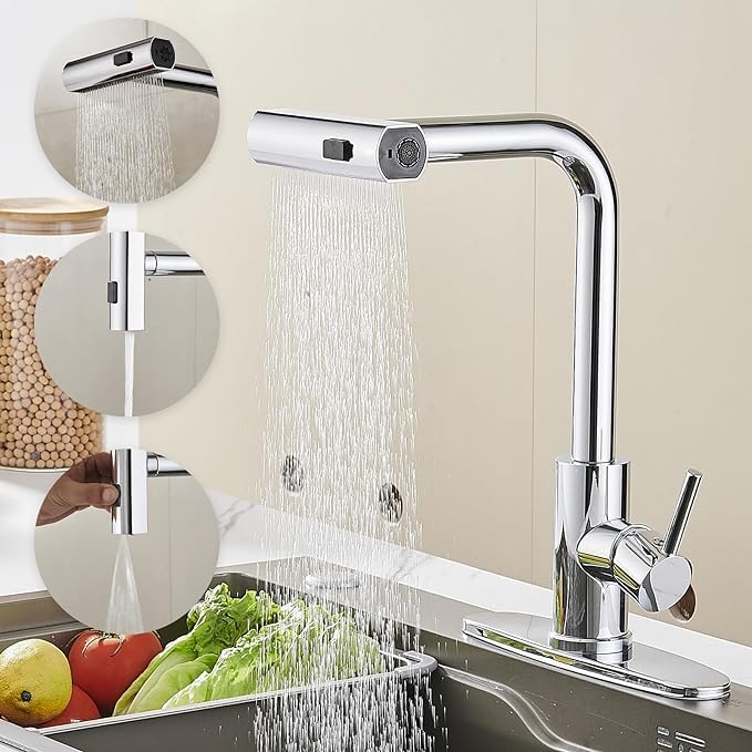 Deoxys Waterfall Kitchen Sink Faucet 3 ModesSweepStreamWaterfall Rotary Switch Stainless Steel Modern Faucet for Kitchen Sink Single Handle Brushed Sink Fuacet - Image 1