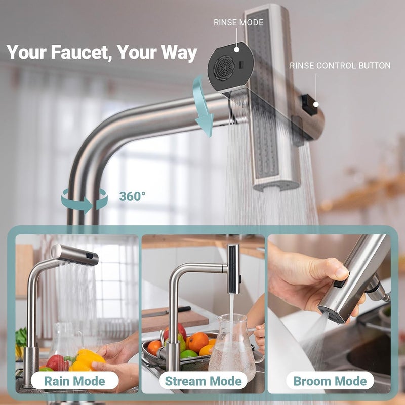 Deoxys Waterfall Kitchen Sink Faucet 3 ModesSweepStreamWaterfall Rotary Switch Stainless Steel Modern Faucet for Kitchen Sink Single Handle Brushed Sink Fuacet - Image 2