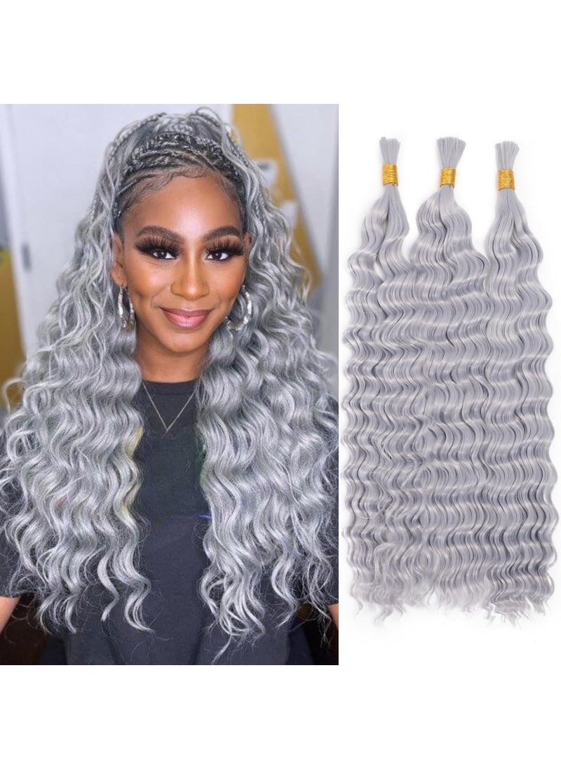 luxnovolex Curly Grey Braiding Human Hair 100g 22 Inch Grey Deep Wave Bulk Human Hair for Braiding No Weft Brazilian Virgin Deep French Curl Braiding Human Hair Extensions for Boho Braids 