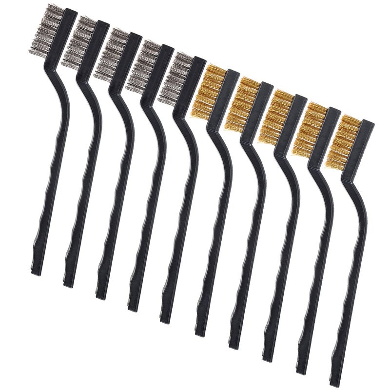 Topspeeder 10 Pieces Small Wire Brush Scratch Brush (Stainless Steel + Brass), Curved Handle Masonry Brush Wire Bristle for Cleaning Welding Slag and Rust - Image 1