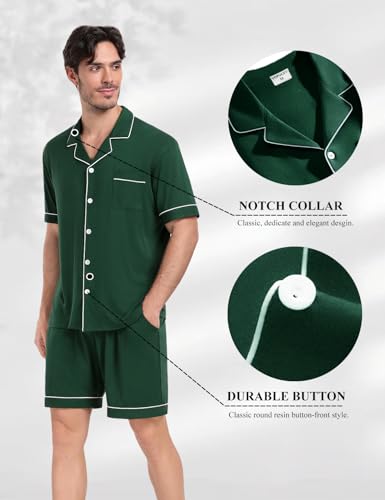 YOPUGEE Mens Pajama sSet Short Sleeve 2PCS Sleepwear Classic Button Down Loungewear Set Soft Modal Pj Set with Pockets, Army Green-L - Image 3