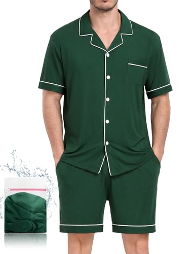 YOPUGEE Mens Pajama sSet Short Sleeve 2PCS Sleepwear Classic Button Down Loungewear Set Soft Modal Pj Set with Pockets, Army Green-L - Image 1
