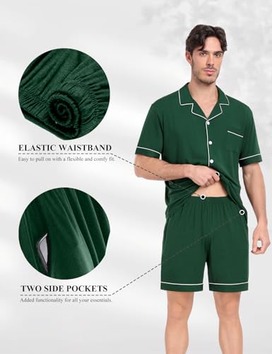 YOPUGEE Mens Pajama sSet Short Sleeve 2PCS Sleepwear Classic Button Down Loungewear Set Soft Modal Pj Set with Pockets, Army Green-L - Image 4