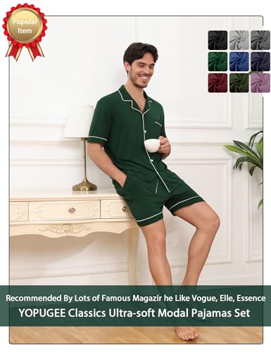 YOPUGEE Mens Pajama sSet Short Sleeve 2PCS Sleepwear Classic Button Down Loungewear Set Soft Modal Pj Set with Pockets, Army Green-L - Image 5