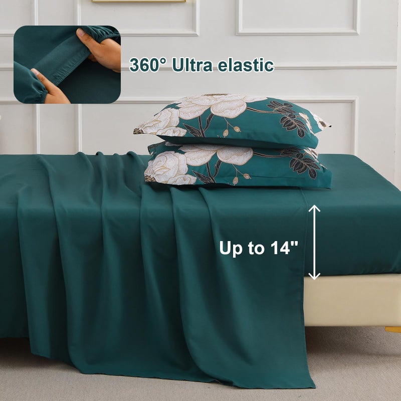 Luxudecor Teal Floral Queen Comforter Set 7 Pieces Bed in a Bag,Beige Flower Print on Teal Bedding Set,Soft Reversible Comforter with Sheets 90"x90" - Image 5