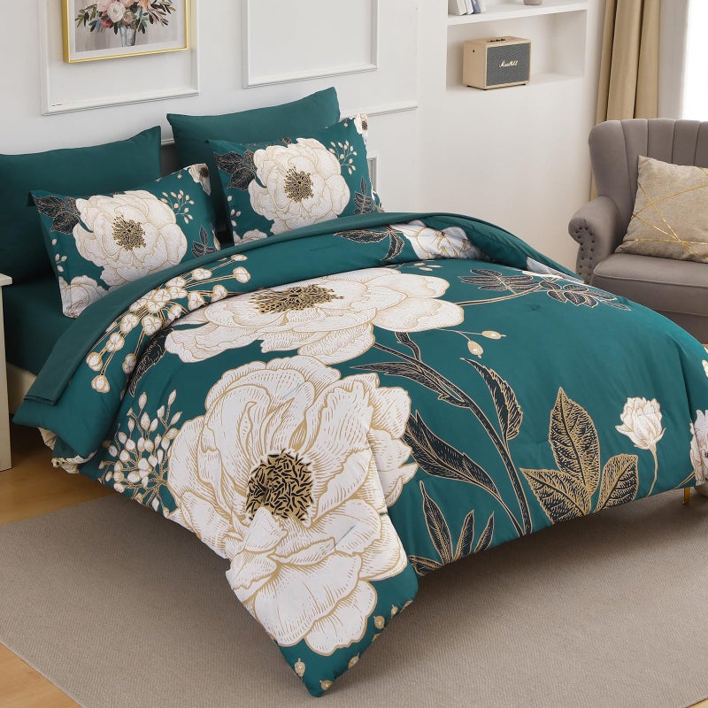 Luxudecor Teal Floral Queen Comforter Set 7 Pieces Bed in a Bag,Beige Flower Print on Teal Bedding Set,Soft Reversible Comforter with Sheets 90"x90" - Image 2
