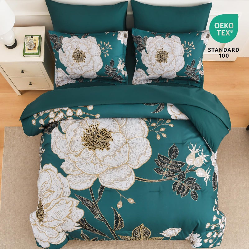 Luxudecor Teal Floral Queen Comforter Set 7 Pieces Bed in a Bag,Beige Flower Print on Teal Bedding Set,Soft Reversible Comforter with Sheets 90"x90" - Image 3