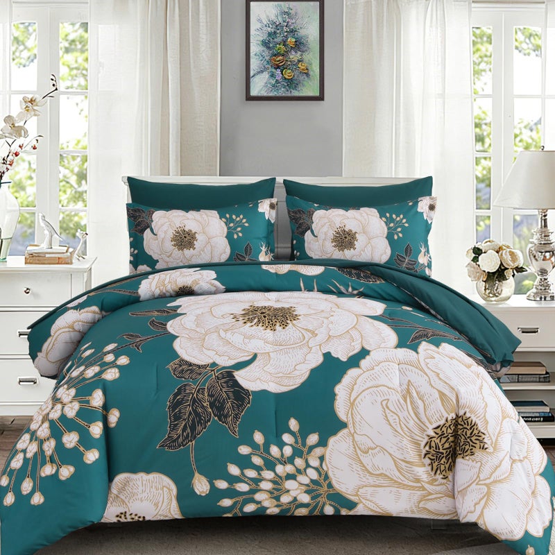 Luxudecor Teal Floral Queen Comforter Set 7 Pieces Bed in a Bag,Beige Flower Print on Teal Bedding Set,Soft Reversible Comforter with Sheets 90"x90" - Image 1