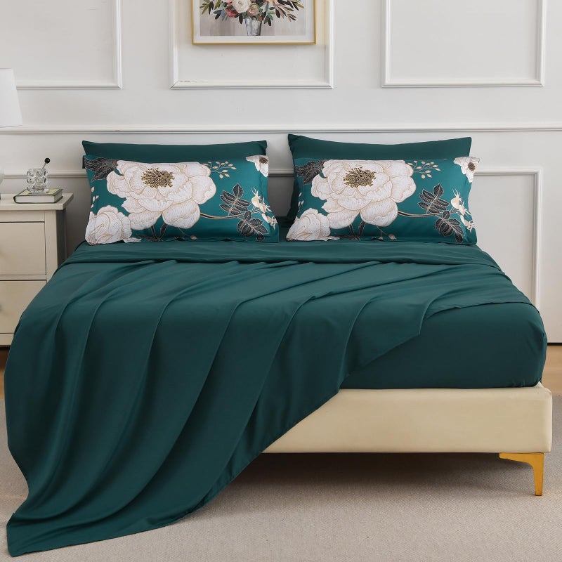 Luxudecor Teal Floral Queen Comforter Set 7 Pieces Bed in a Bag,Beige Flower Print on Teal Bedding Set,Soft Reversible Comforter with Sheets 90"x90" - Image 4