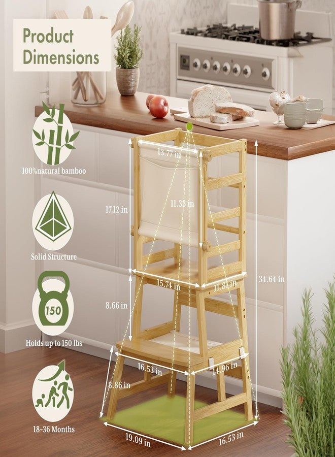 Amazer Bamboo Toddler Kitchen Step Stool, Anti-Tip Toddler Standing Tower with Push-Pull Safety Rail, Step Stool for Toddlers with Safety Net, Kids Step Stool for Kitchen Counter and Bathroom, Natural - Image 2