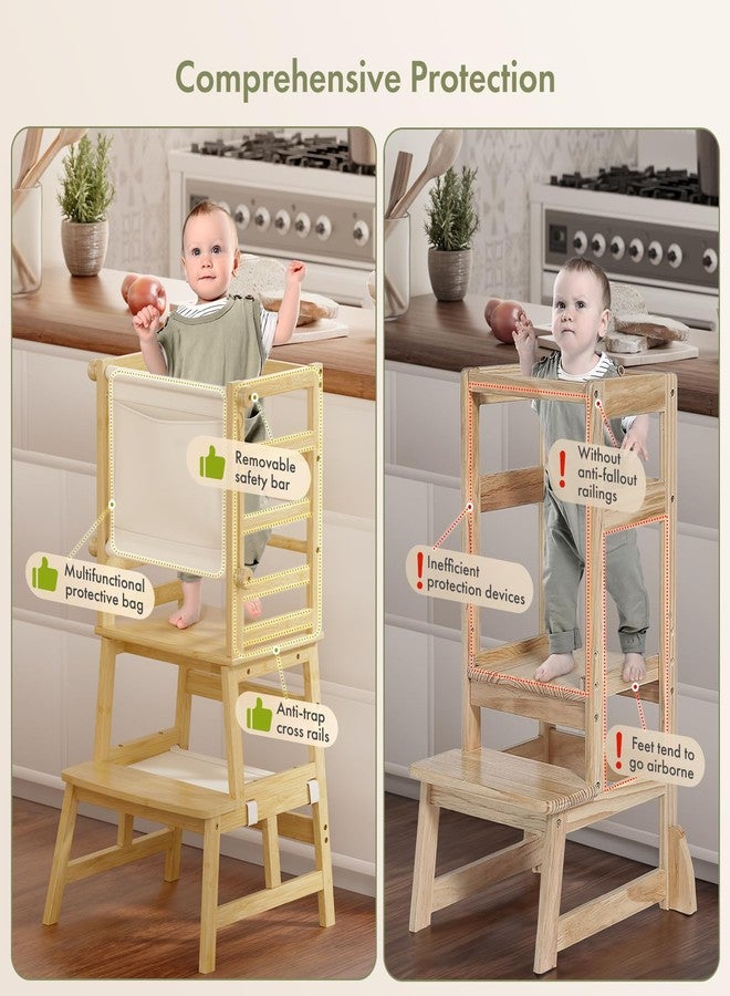 Amazer Bamboo Toddler Kitchen Step Stool, Anti-Tip Toddler Standing Tower with Push-Pull Safety Rail, Step Stool for Toddlers with Safety Net, Kids Step Stool for Kitchen Counter and Bathroom, Natural - Image 3