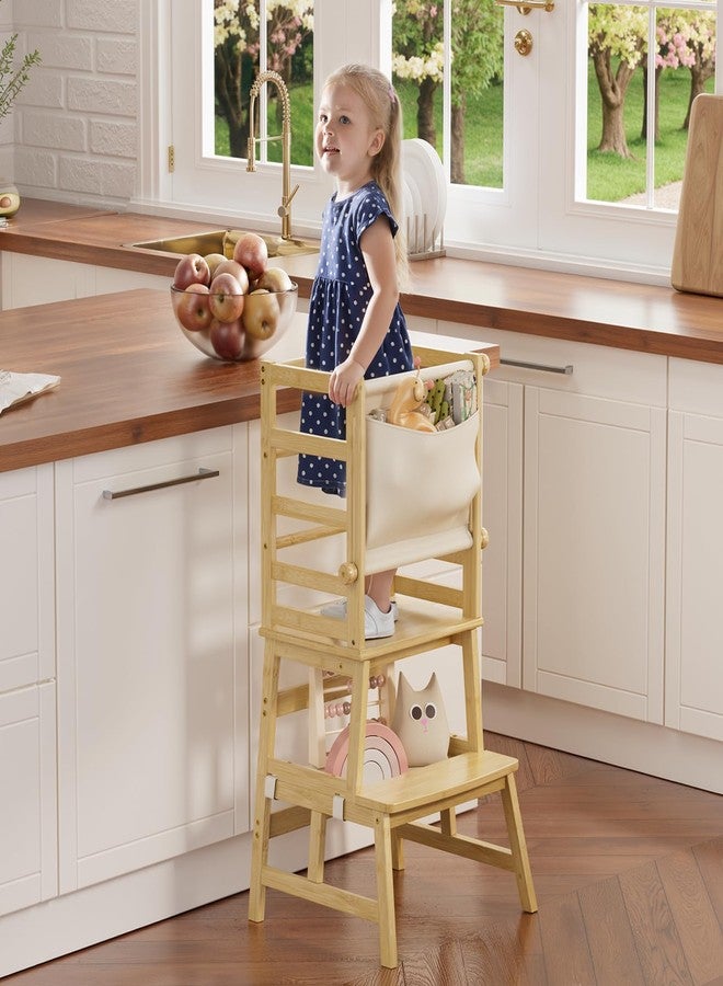 Amazer Bamboo Toddler Kitchen Step Stool, Anti-Tip Toddler Standing Tower with Push-Pull Safety Rail, Step Stool for Toddlers with Safety Net, Kids Step Stool for Kitchen Counter and Bathroom, Natural - Image 1