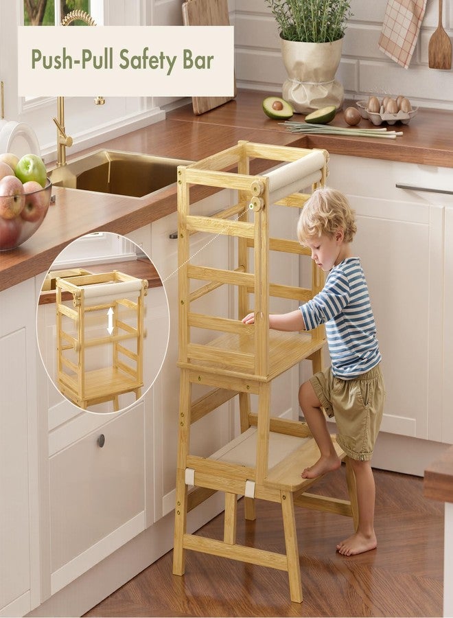 Amazer Bamboo Toddler Kitchen Step Stool, Anti-Tip Toddler Standing Tower with Push-Pull Safety Rail, Step Stool for Toddlers with Safety Net, Kids Step Stool for Kitchen Counter and Bathroom, Natural - Image 4