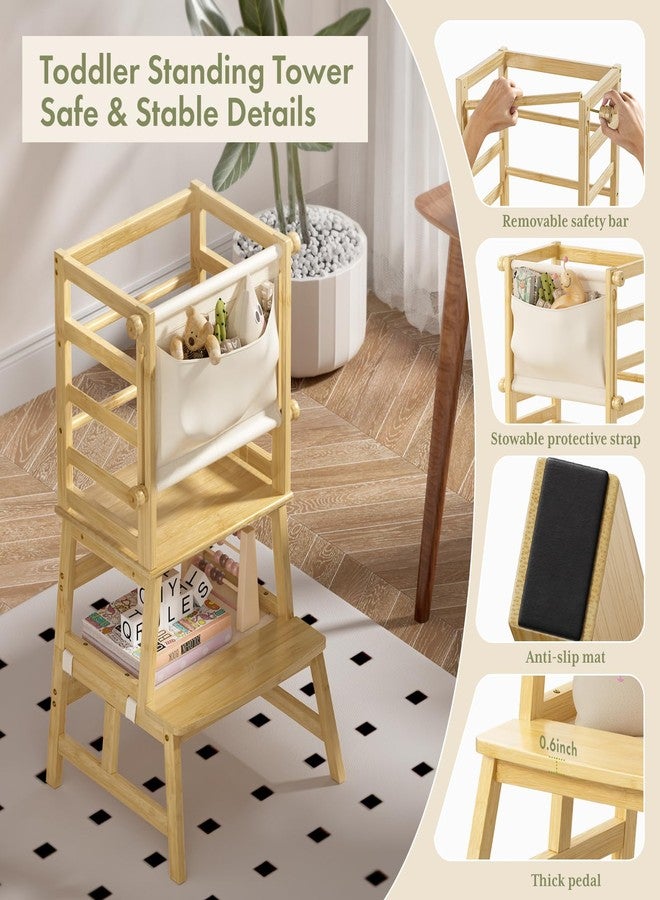 Amazer Bamboo Toddler Kitchen Step Stool, Anti-Tip Toddler Standing Tower with Push-Pull Safety Rail, Step Stool for Toddlers with Safety Net, Kids Step Stool for Kitchen Counter and Bathroom, Natural - Image 5