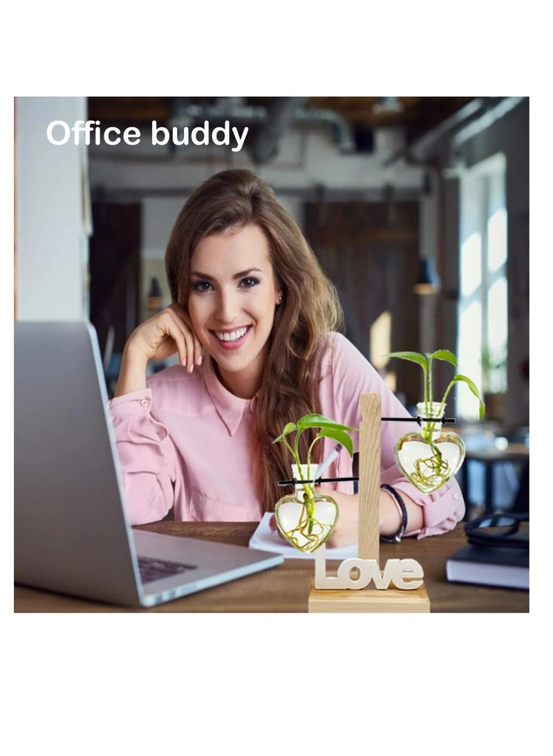 Excefore Desktop Plant Propagation Station, Glass Planter Terrarium with Wooden Tray, Two High-low bottle love-shaped glass hydroponic vases, Love Vase Plant Propagation Station for Home Office Decor - Image 4