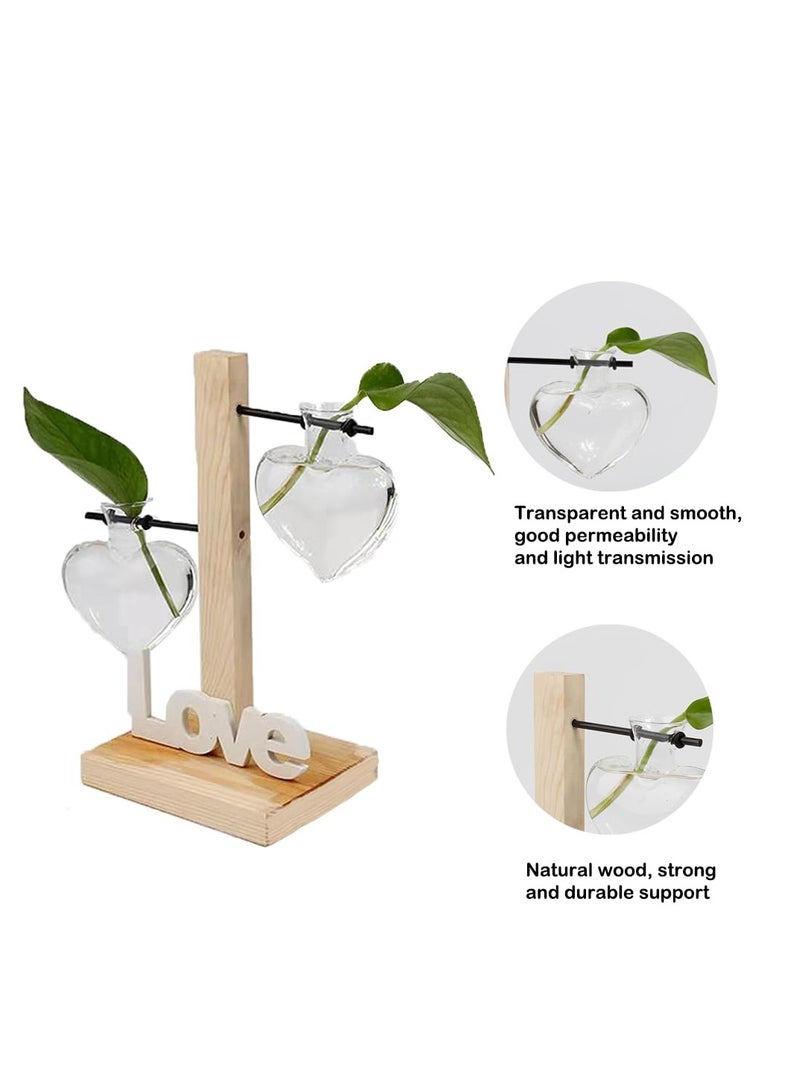 Excefore Desktop Plant Propagation Station, Glass Planter Terrarium with Wooden Tray, Two High-low bottle love-shaped glass hydroponic vases, Love Vase Plant Propagation Station for Home Office Decor - Image 3