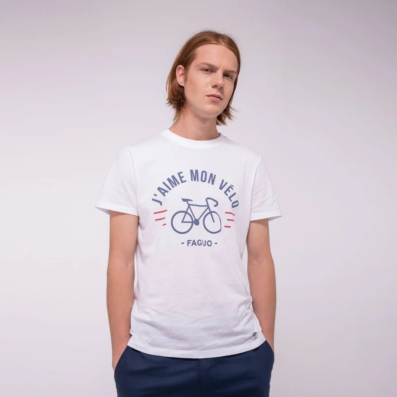 Faguo Arcy J'aime mon vÃ©lo (I Like My Bike) Model 2 - White Round collar t-shirt in recycled cotton