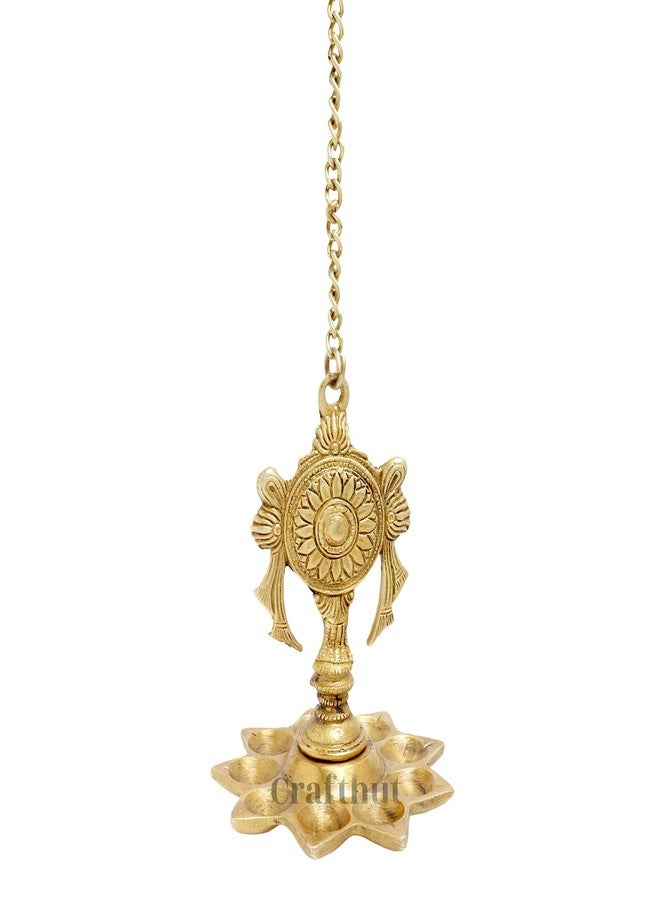 CRAFTHUT Brass 9 Slot Hanging Oil Lamp – 15In (700g) Shankh Design Diya with Chain – Traditional for Pooja, Home & Temple Décor - Image 1