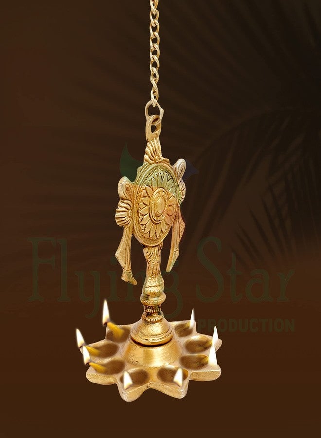 CRAFTHUT Brass 9 Slot Hanging Oil Lamp – 15In (700g) Shankh Design Diya with Chain – Traditional for Pooja, Home & Temple Décor - Image 3
