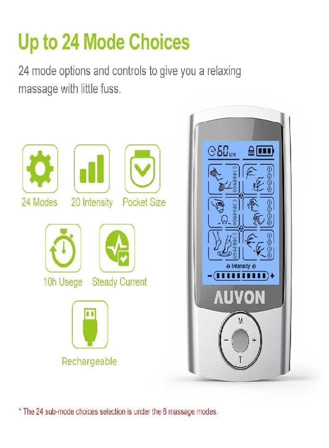 AUV0N AUVON Rechargeable TENS Unit Muscle Stimulator, 24 Modes 4th Gen TENS Machine with 8pcs 2"x2" Premium Electrode Pads for Pain Relief  - Image 2