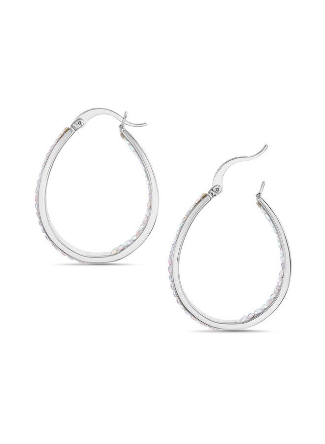 Devin Rose Oval Inside Outside Hoop Earrings For Women Faceted Sparkle Crystals In Rhodium Plated Brass White - Image 5