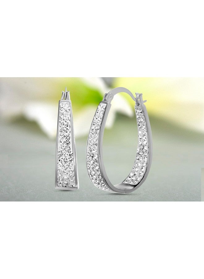 Devin Rose Oval Inside Outside Hoop Earrings For Women Faceted Sparkle Crystals In Rhodium Plated Brass White - Image 4