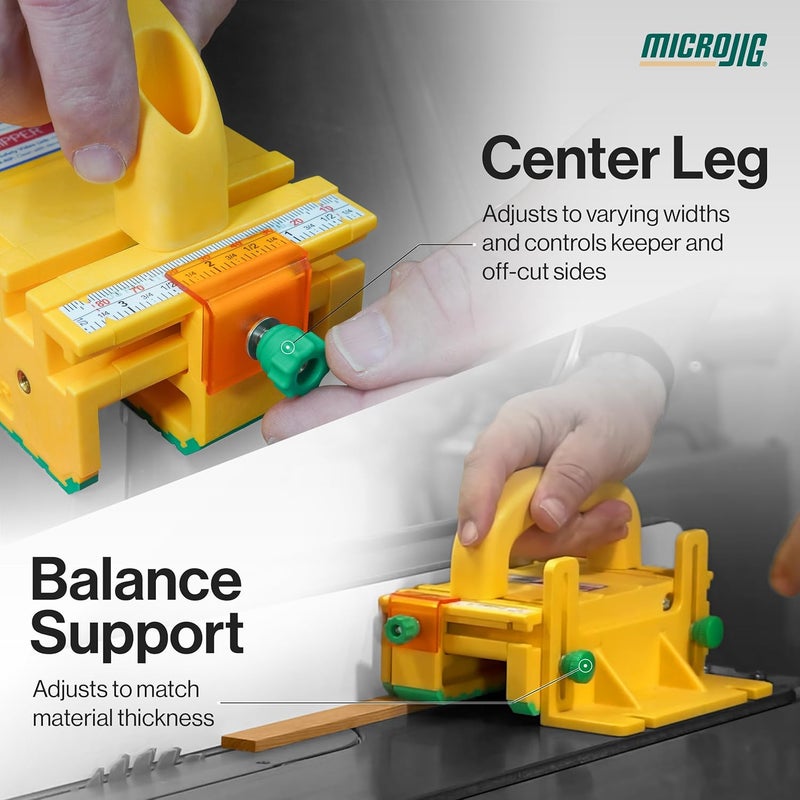 MICRO JIG GRR-RIPPER+ by . Includes SafeRip Kit. Fully Adjustable 3D Push Block for Table Saws, Router Tables, Band Saws, and Jointers. (SKU: GR-100+) Yellow/Green - Image 4