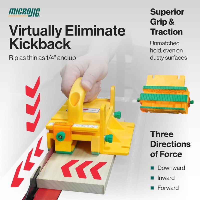 MICRO JIG GRR-RIPPER+ by . Includes SafeRip Kit. Fully Adjustable 3D Push Block for Table Saws, Router Tables, Band Saws, and Jointers. (SKU: GR-100+) Yellow/Green - Image 3