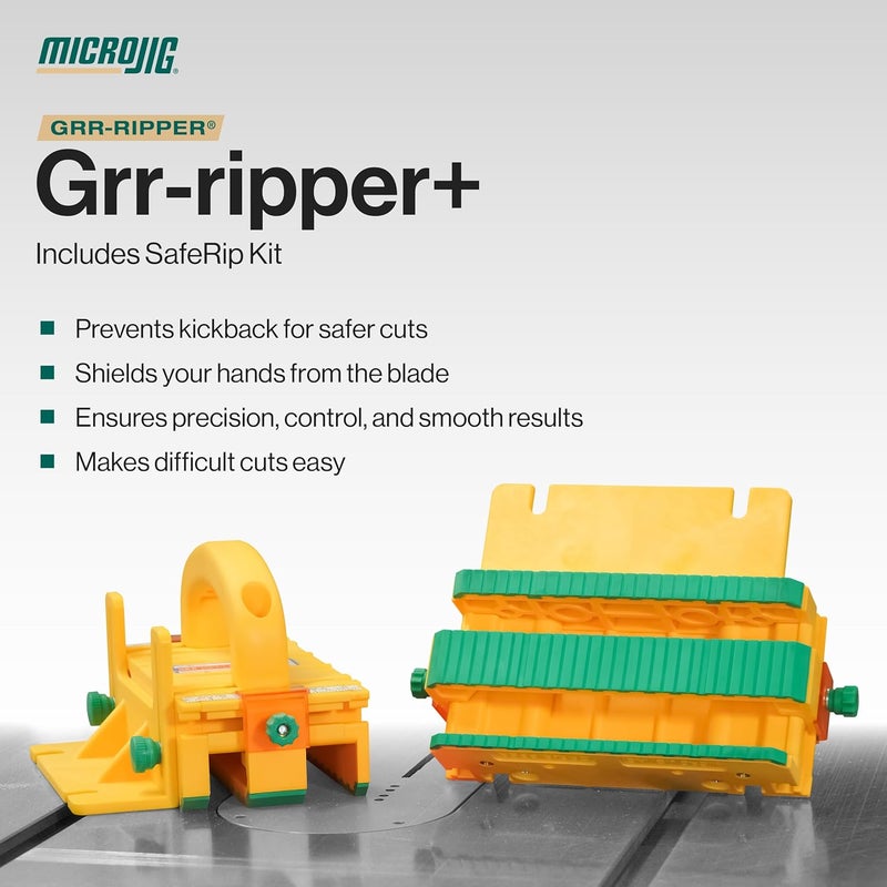MICRO JIG GRR-RIPPER+ by . Includes SafeRip Kit. Fully Adjustable 3D Push Block for Table Saws, Router Tables, Band Saws, and Jointers. (SKU: GR-100+) Yellow/Green - Image 2