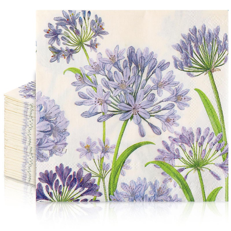 Frienda 60 Pcs Agapanthus Cocktail Paper Napkins Spring Summer Plants Beverage Napkins 3-ply 5 x 5 Inch Disposable Decorative Birthday Decor for Home Table Party Supplies - Image 1
