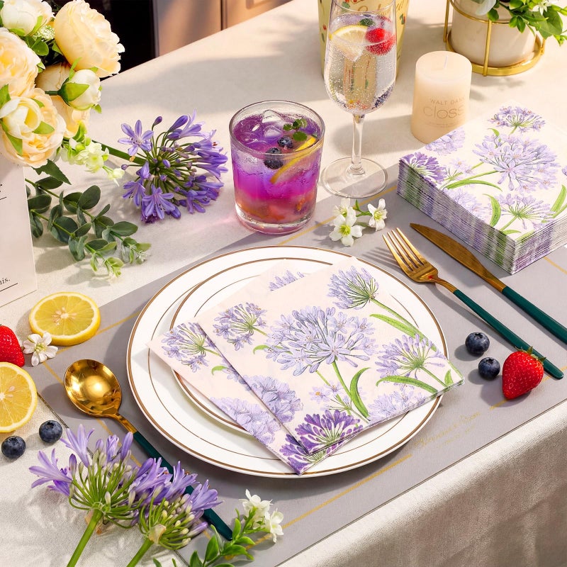 Frienda 60 Pcs Agapanthus Cocktail Paper Napkins Spring Summer Plants Beverage Napkins 3-ply 5 x 5 Inch Disposable Decorative Birthday Decor for Home Table Party Supplies - Image 3