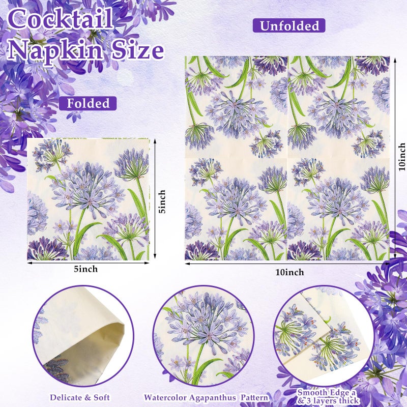 Frienda 60 Pcs Agapanthus Cocktail Paper Napkins Spring Summer Plants Beverage Napkins 3-ply 5 x 5 Inch Disposable Decorative Birthday Decor for Home Table Party Supplies - Image 2