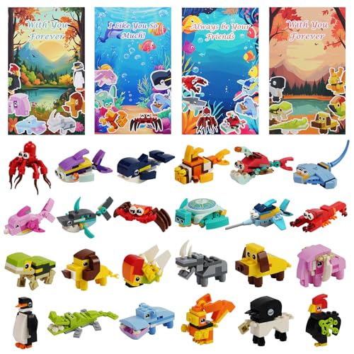 Rtudan 24 Pieces Building Blocks Valentines Day Cards for Kids School Classroom with Sea Creatures and Animals Classroom Exchange Prize Supplies Boys Girls Valentine Gift Party Favor - Image 1