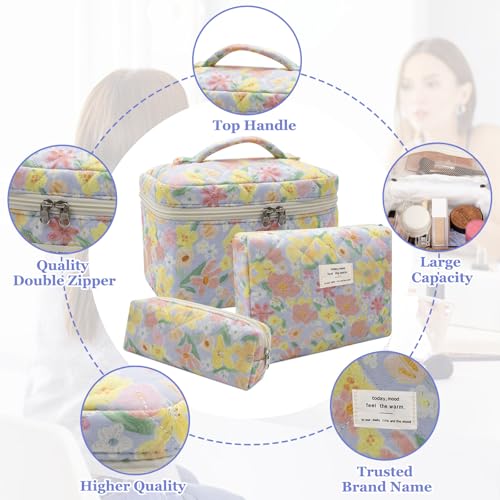 Gosect 3pc Makeup Bag Set, Quilted Makeup Bag Set, Large Floral Cosmetic Bag for Women, Cute Cotton Makeup Bags, Flower Travel Toiletry Organizer Bag (Large Flower) - Image 3