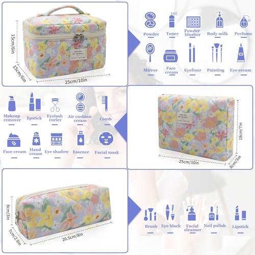 Gosect 3pc Makeup Bag Set, Quilted Makeup Bag Set, Large Floral Cosmetic Bag for Women, Cute Cotton Makeup Bags, Flower Travel Toiletry Organizer Bag (Large Flower) - Image 2