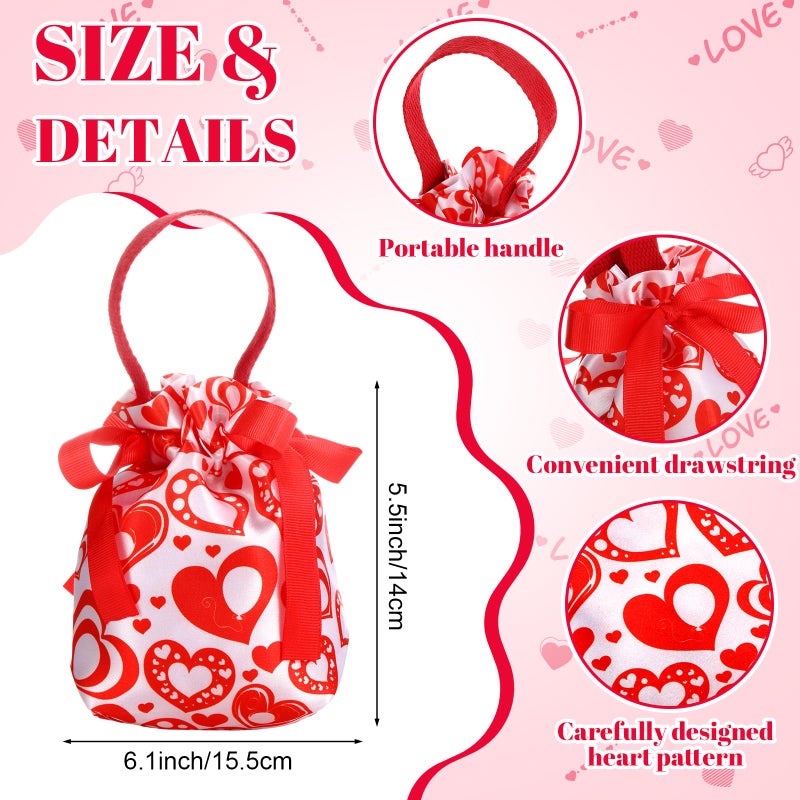 SilTriangle 12 Pcs Valentine's Day Small Gift Bags 6.5 x 5.5 Inch Heart Drawstring Goodie Bags with Handle Bottom Canvas Red Gift Pouches for Valentines Bridal Shower Wedding Birthday Party Favors - Image 2
