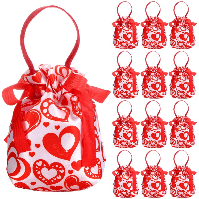 SilTriangle 12 Pcs Valentine's Day Small Gift Bags 6.5 x 5.5 Inch Heart Drawstring Goodie Bags with Handle Bottom Canvas Red Gift Pouches for Valentines Bridal Shower Wedding Birthday Party Favors - Image 1