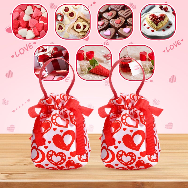 SilTriangle 12 Pcs Valentine's Day Small Gift Bags 6.5 x 5.5 Inch Heart Drawstring Goodie Bags with Handle Bottom Canvas Red Gift Pouches for Valentines Bridal Shower Wedding Birthday Party Favors - Image 3