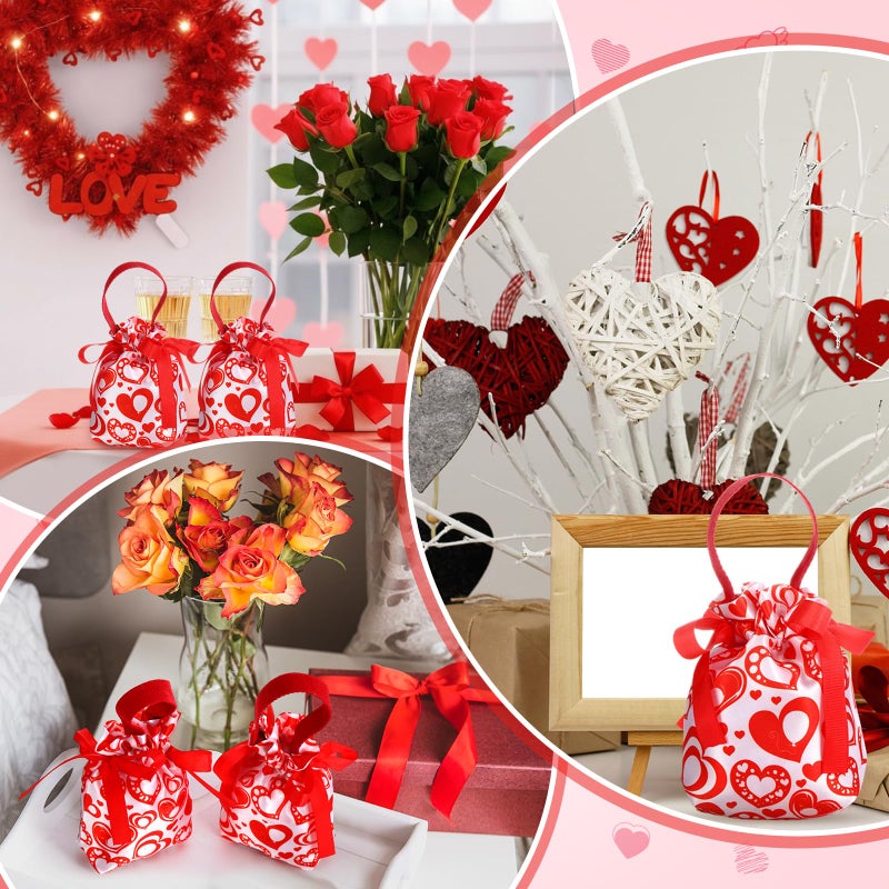 SilTriangle 12 Pcs Valentine's Day Small Gift Bags 6.5 x 5.5 Inch Heart Drawstring Goodie Bags with Handle Bottom Canvas Red Gift Pouches for Valentines Bridal Shower Wedding Birthday Party Favors - Image 5