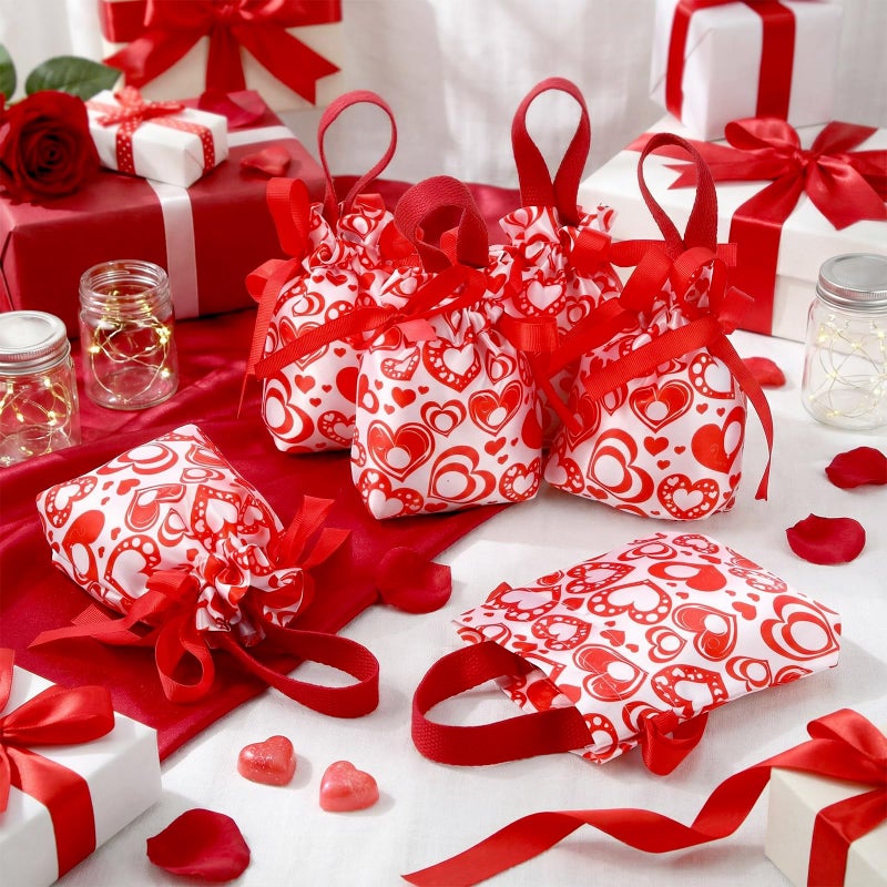 SilTriangle 12 Pcs Valentine's Day Small Gift Bags 6.5 x 5.5 Inch Heart Drawstring Goodie Bags with Handle Bottom Canvas Red Gift Pouches for Valentines Bridal Shower Wedding Birthday Party Favors - Image 4