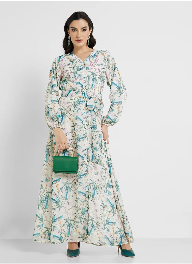 كشخة Garden Print Shirt Dress with Beads work (AM366)