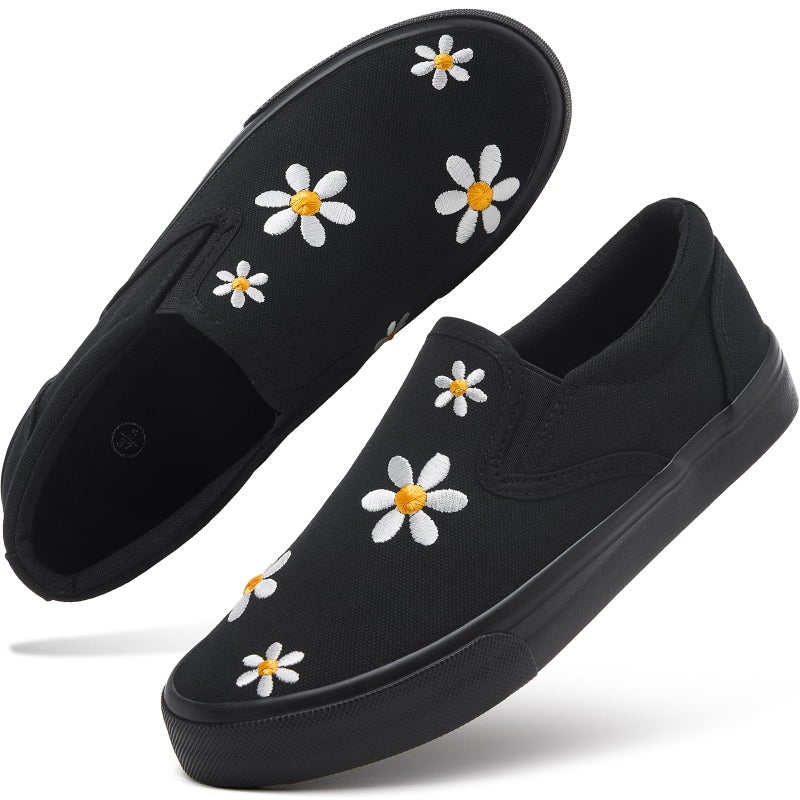hash bubbie Women's Canvas Slip On Shoes Fashion Sneakers Flats Shoes White Canvas Shoes(Full Black-White.US6) - Image 1