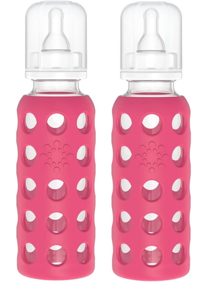 Lifefactory Glass Baby Bottle with Silicone Sleeve, 2 Pack (Raspberry, 9oz) - Image 1