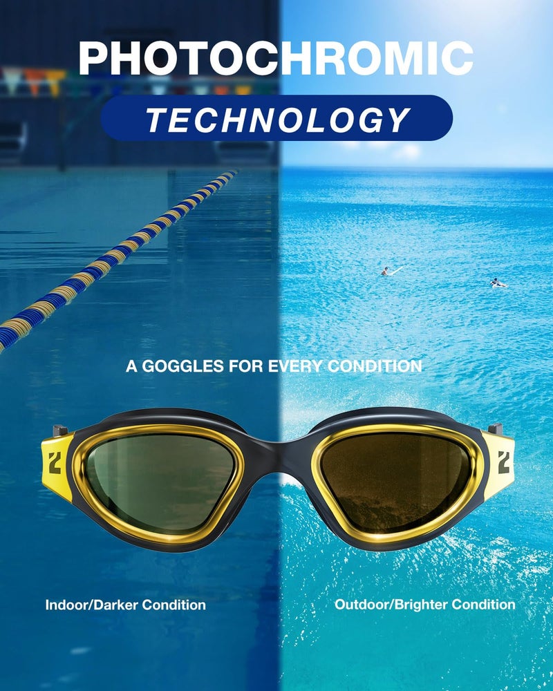 ZIONOR Swim Goggles, G1 ULTRA Photochromic Polarized Swimming Goggles for Men Women Adult, UV Protection Leakproof Easy Adjustable Strap for Indoor Outdoor Swimming (Polarized + Gold) - Image 3