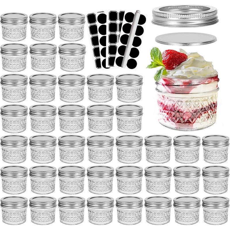 CycleMore 40 Pcs 4oz Clear Glass Mini Mason Jars With Silver Separable Lids and Diamond appearance, Small Spice Canning Jars for Honey, Jam, Jelly, Wedding Favors, Kitchen Food Storage - Image 1